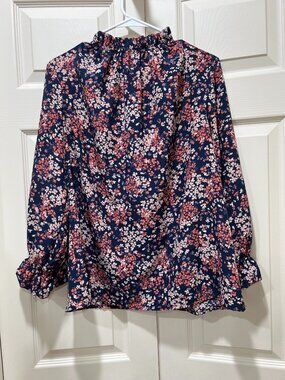 Women's Shop The Mint Floral Blouse Navy Coral Ruffle Long Sleeve Top Medium